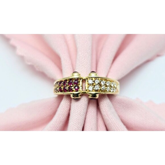 Beautiful 18K Karat Solid Yellow Gold Designer Ruby & Diamond Ring - Size 6